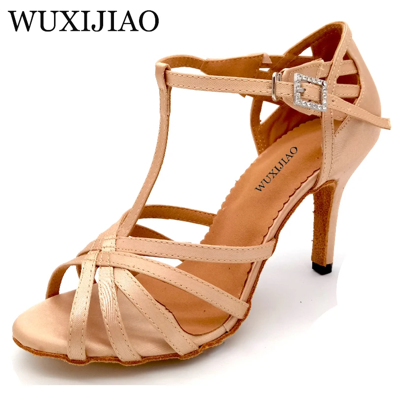 WUXIJIAO New Satin and Flash Cloth Ballroom Party Dance Shoes skin Latin Woman Salsa Heel 6/7.5/8.5/10cm