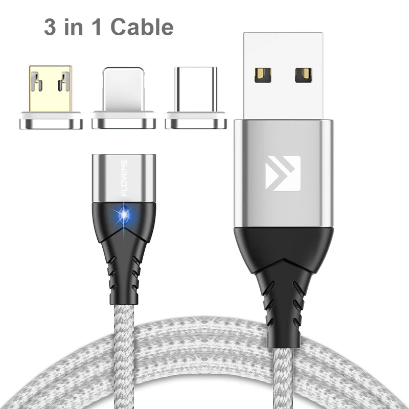 FLOVEME магнитный заряд зарядка для телефона 3 в 1 Магнитный кабель Micro usb type C осветительный кабель телефон Быстрая зарядка зарядное USB-C/type-C кабель для iPhone samsung магнитное зарядное устройство - Цвет: 3 in 1 Silver Cable