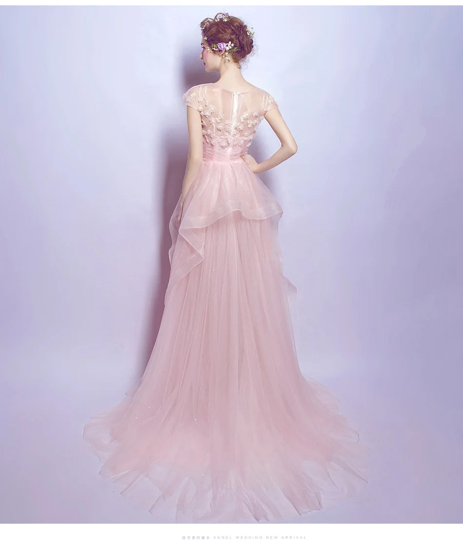 Женское вечернее платье со шлейфом розовое элегантное Прозрачное с рукавами