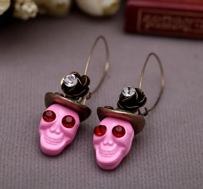 Женские винтажные серьги в стиле панк с розовым черепом висячие из хрустального