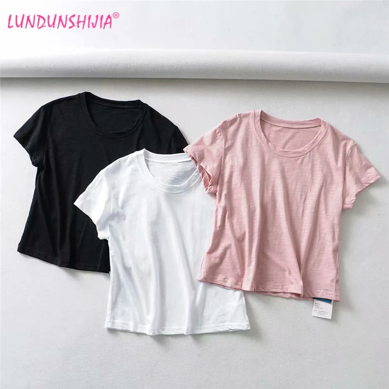 LUNDUNSHIJIA/Высококачественная однотонная хлопковая Футболка для женщин, эластичные базовые короткие футболки женские сексуальные топы, футболки с короткими рукавами