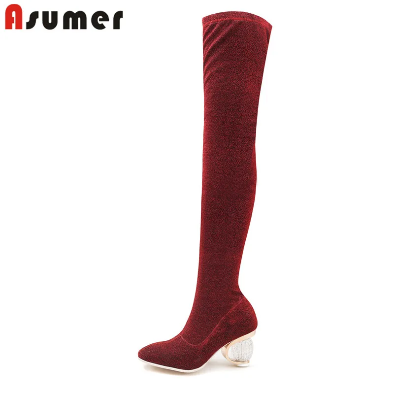 

ASUMER/большой размер 35-43, модная осенне-зимняя обувь женские элегантные сапоги выше колена с квадратным носком женские эластичные сапоги для ...