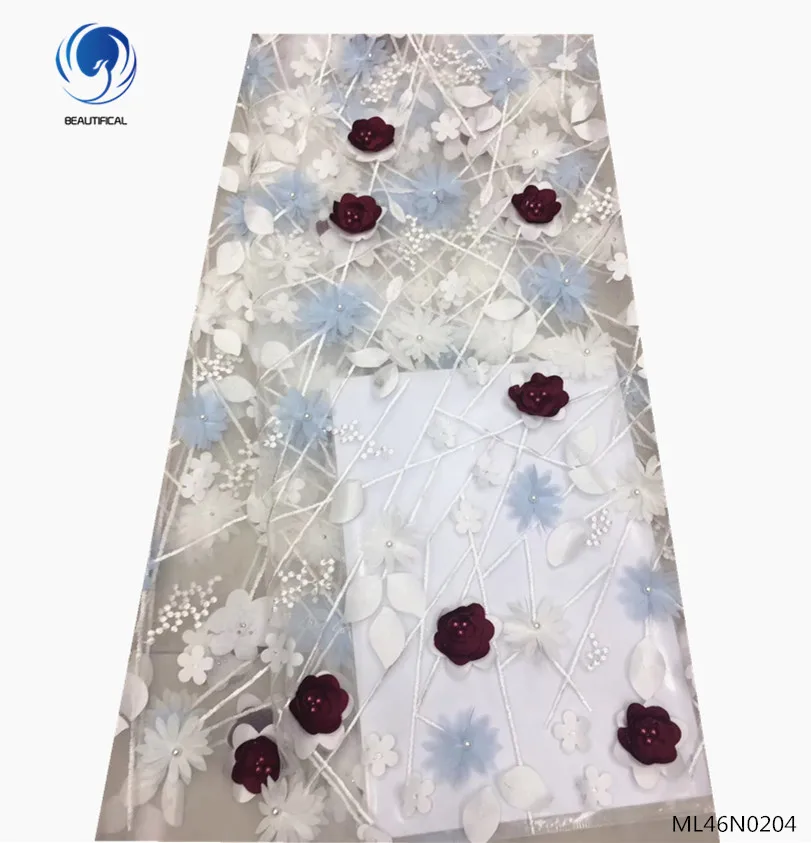 

BEAUTIFICAL white 3d lace fabric 3d lace material flower 3d lace beaded african fabrics 5yards/lot for big occasion ML46N02