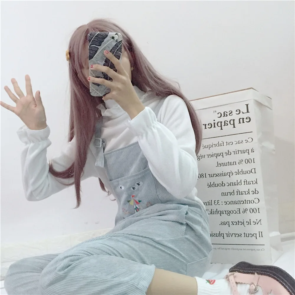 Весенние модные вельветовые Комбинезоны женские японские kawaii Мультфильм нагрудник карманы розовый комбинезоны милый повседневный комбинезон винтажные брюки