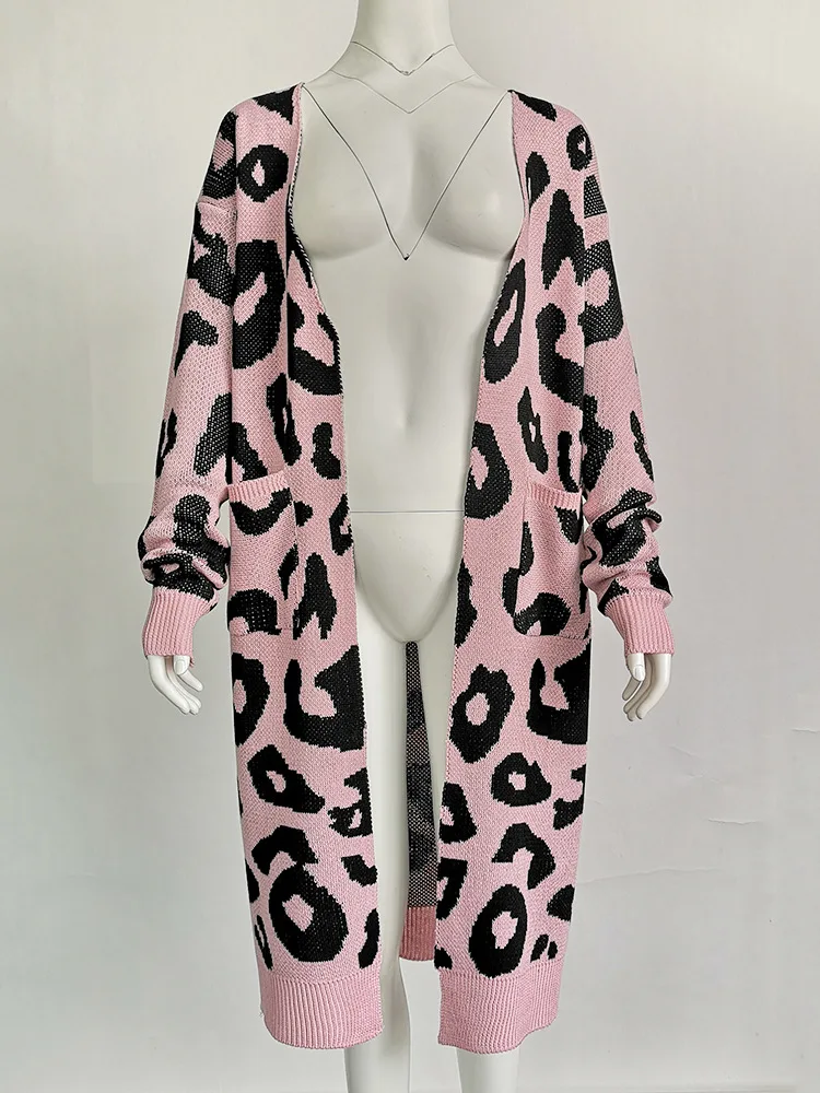 Autumn winter 2018 women Sexy V neck casual sweater cardigan female Knit Leopard print long pull femme cardigans |
