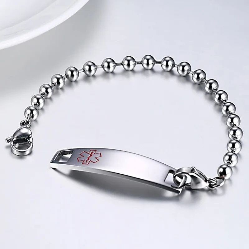 Медицинский браслет из нержавеющей стали с гравировкой и бисером|steel natural|bracelet