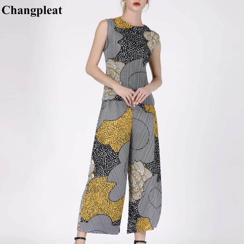 Женский комплект с цифровой печатью Changpleat плиссированная футболка + широкие