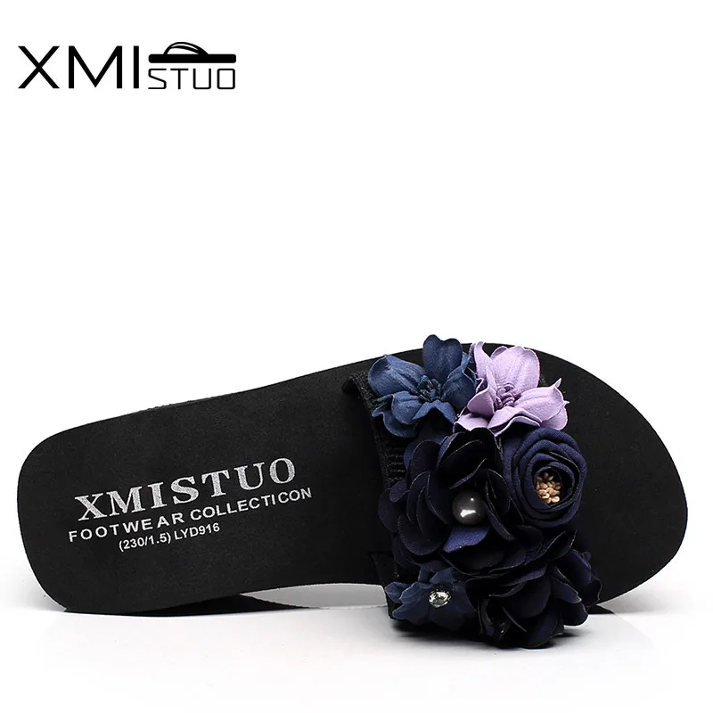 XMISTUO/женские шлепанцы с цветком; женские летние пляжные Шлёпанцы на танкетке; водонепроницаемые шлепанцы на высоком каблуке 7 см; 2 цвета; 7180W