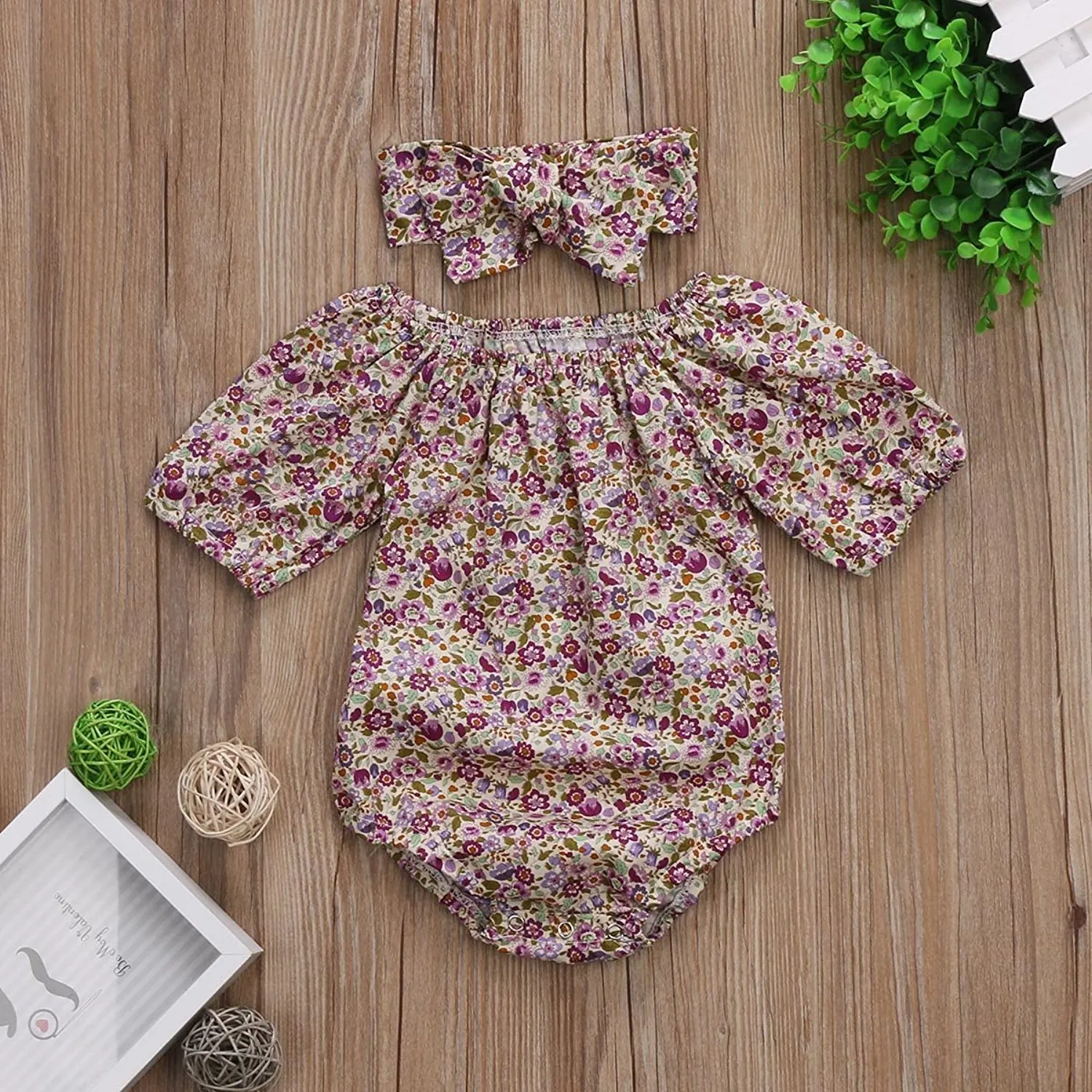 HI&ampJUBER Baby Girls Floral Print Romper +Headband Jumpsuit Play Suit Short Sleeve Outfits Clothes | Детская одежда и обувь
