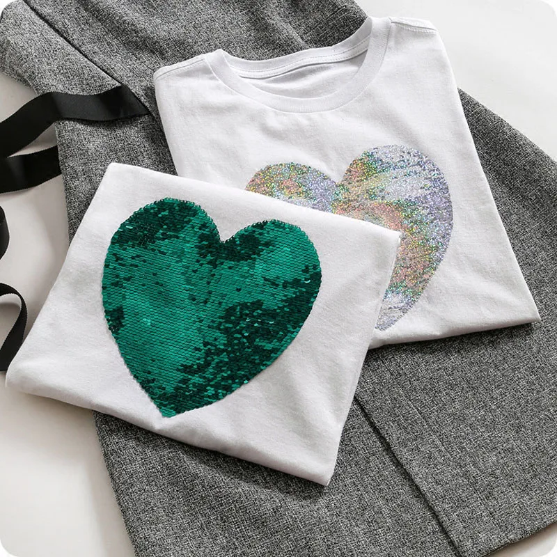 Цвет ful различные блестки сердца хлопковая Футболка двусторонние пайетки