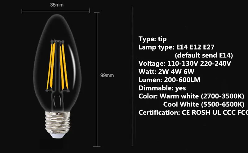 Светодиодный светильник Эдисона с вольфрамовой нитью имитация свечи лампа