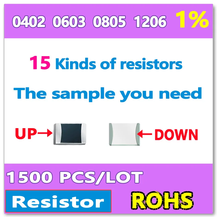JASNPROSMA Ом 1% F 0402 1005 0603 1608 2012 0805 1206 10R 1M 15 видов DIY образца в общей сумме 1500 комплект