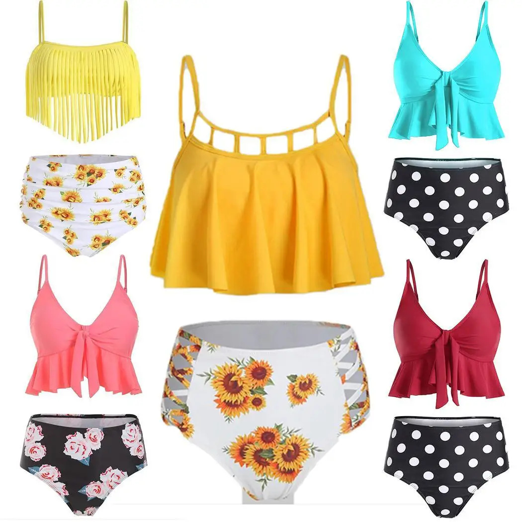 Women Print Fashion Ruffle High Waisted Bikini Bottom Sleeveless Tankini Set V Neck Casual Swimwear |
