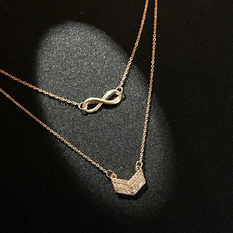 Best Selling Fashion Lucky 8 Word Pendant V-shaped Ladies Multi-layer Metal Chain Necklace Female Crystal Charm Jewelry | Украшения и