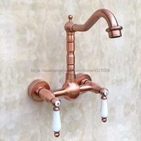 dual cross handles wall mounted antique red copper hotcold bathroom kitchen basin sink swivel faucet mixer tap nrg034