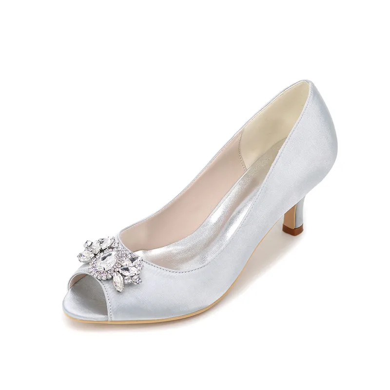 

Kitten Heels Satin Crystals Wedding Shoes Women Peep Toe Slip on Heeled Prom Evening Bridal Party Lady Dress Pumps