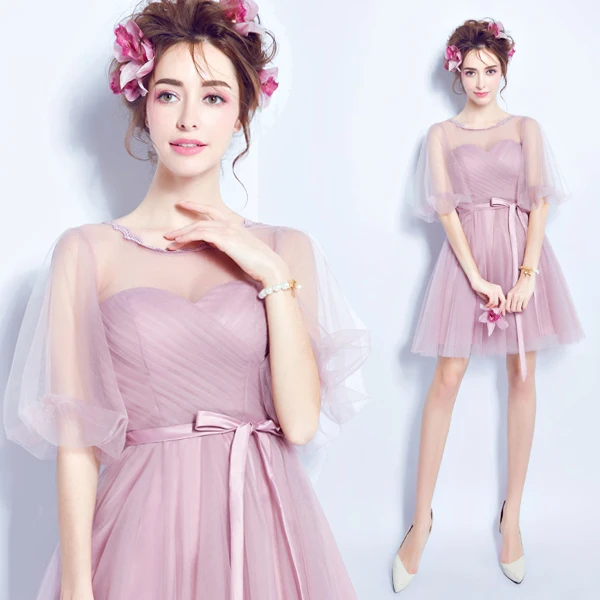 Розовое короткое платье для выпускного вечера вечернее Прозрачное до колена с