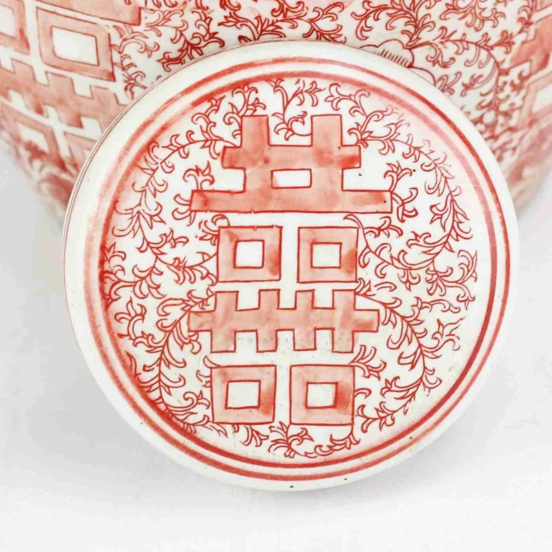 RYVM26 Flat lid red color hand drawing double happy Chinese wedding porcelain jar | Дом и сад