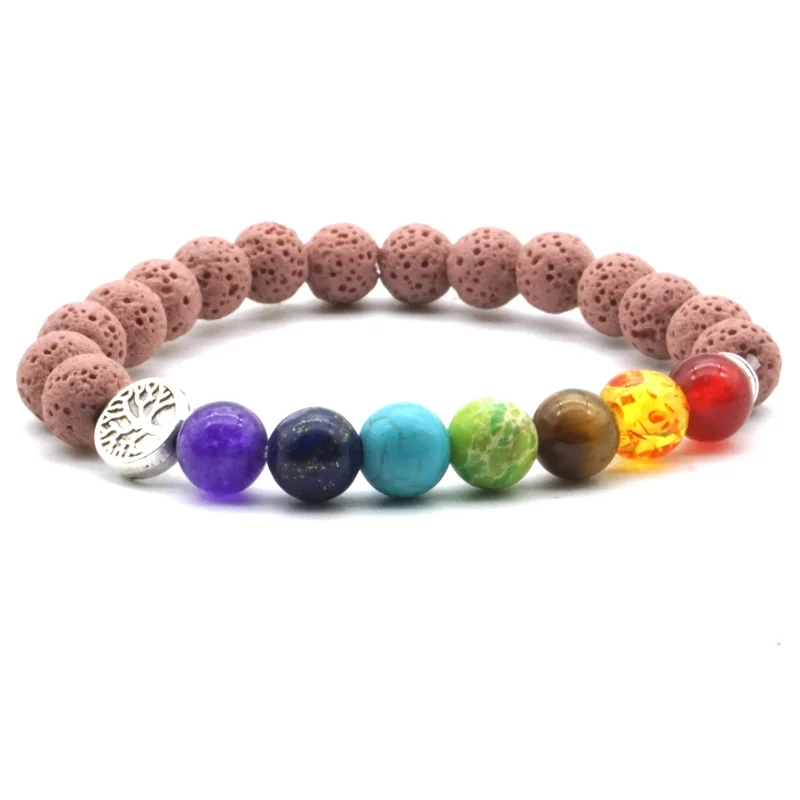 

8mm Seven Chakras Tree of Life Charms Pink Lava Stone Beads DIY Aromatherapy Essential Oil Diffuser Bracelet Yoga Jewelry