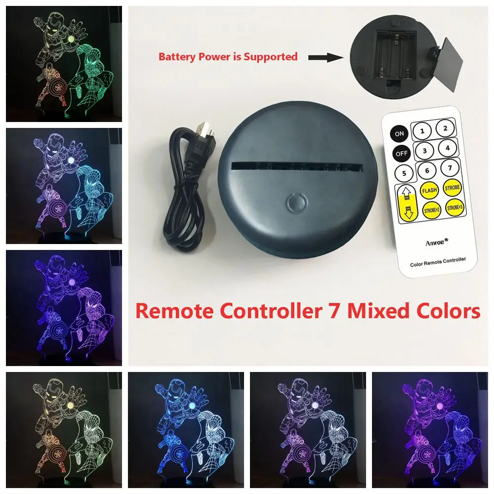 Remote One 7 Color Светодиодный ночник Marvel супергерой Железный человек Капитан Америка Человек-паук RGB смешанный двойной 7 цветов USB дистанционный прикроватный светильник Мстители - Испускаемый цвет: Remote One 7 Color