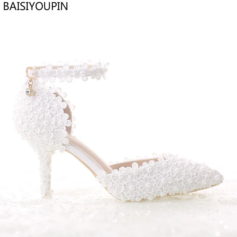 2017 The New Pearl White Lace Wedding Shoes with Fine Pointed Bride Dress High 7cm Two Type Women's Shoe Pumps | Обувь