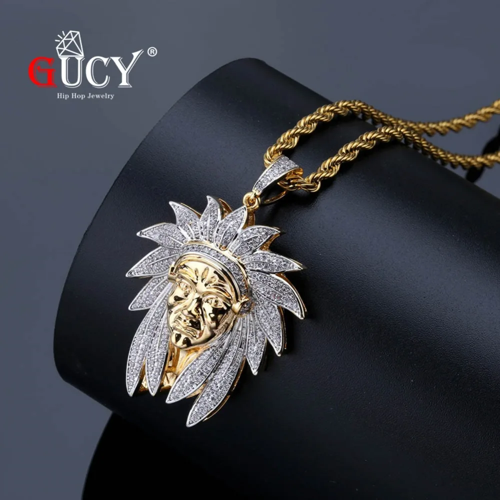 GUCY Bling Hip Hop Indian Chief Pendant Necklace Iced Out Cubic Zircon With 4MM Tennis Chain Gold Color CZ Gift For Men | Украшения и