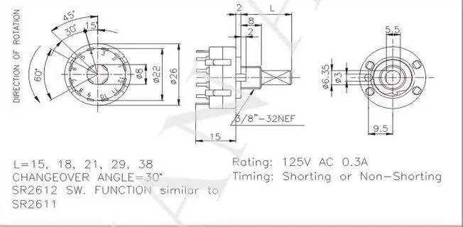2 шт./лот Taiwan ALPHA Alfa SR2612F 0403 поворотный переключатель 4 ножа 3 зубчатых вала длина 15
