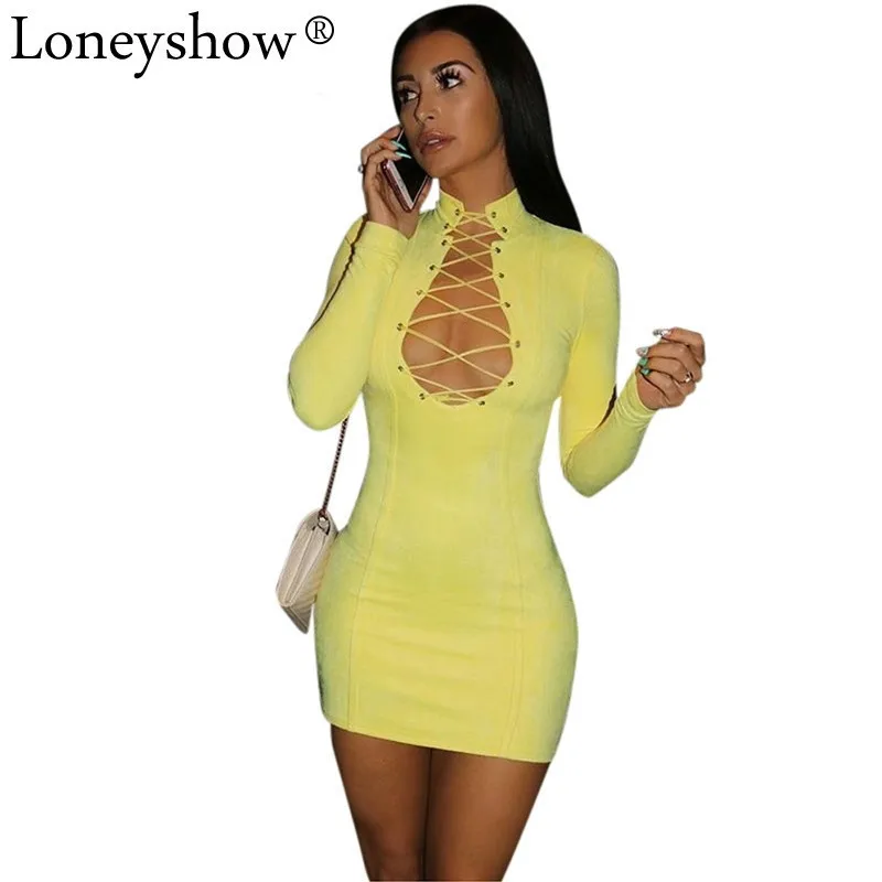 Loneyshow осень зима Для женщин пикантные желтые платье длинный рукав с ушками и