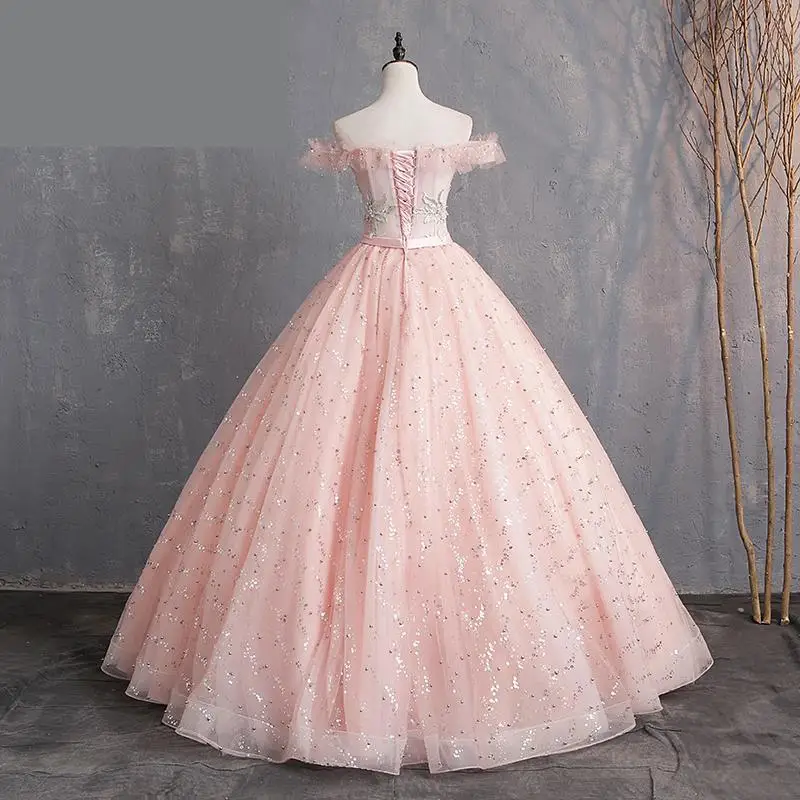 Pink Off Shoulder Ball Gown Tulle Dress For Sweet 16 Embroidery Puffy Dress Lace Appliques Sequins Quinceanera Dresses