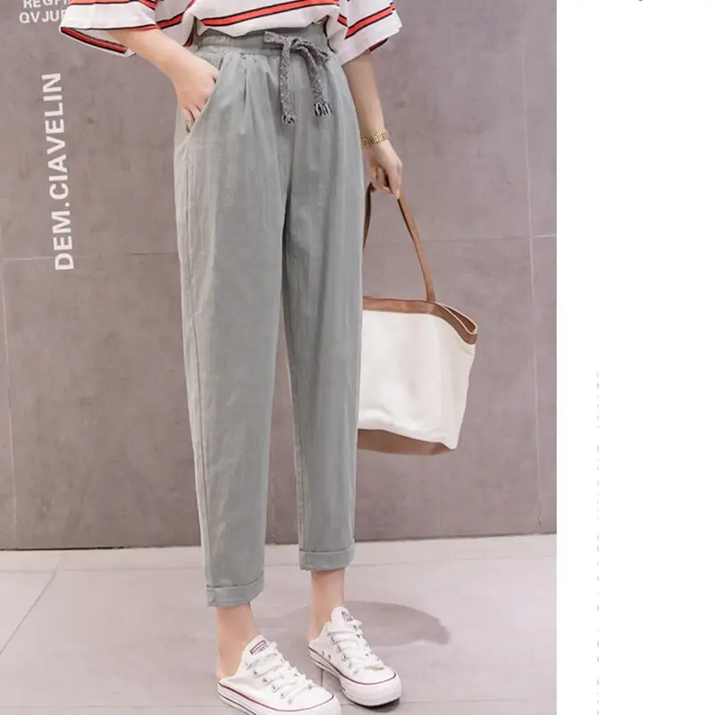 Хлопковые и льняные женские брюки эластичные с высокой талией новый стиль модные