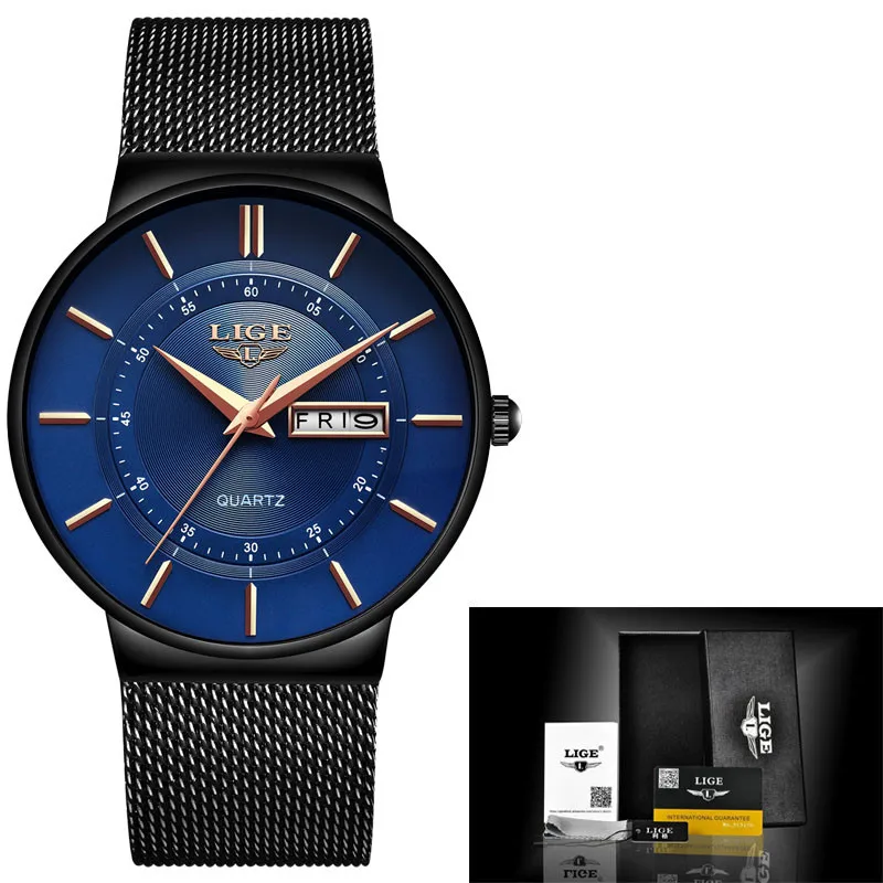 Black blue Новые синие кварцевые часы LIGE мужские s часы лучший бренд Роскошные часы для мужчин простые все стальные водонепроницаемые наручные часы Reloj Hombre - Цвет: Black blue