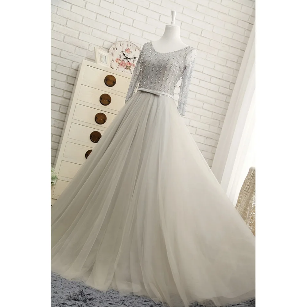 

Ryanth Sexy Long Sleeves Elegant Prom Dresses 2018 A Line Scoop Beads Pearls Party Gowns Court Train Cheap Tulle Evening Dress