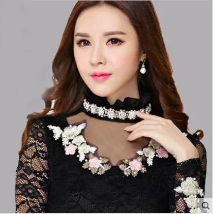 2016 Кружева Рубашки Блузки Женщины Плюс Размер Водолазка Цветок Вышивка Женщина