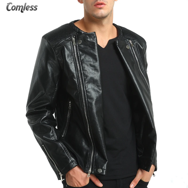 2017 зимние мужские кожаные куртки модные локомотив мульти-молнии Slim Fit Короткие