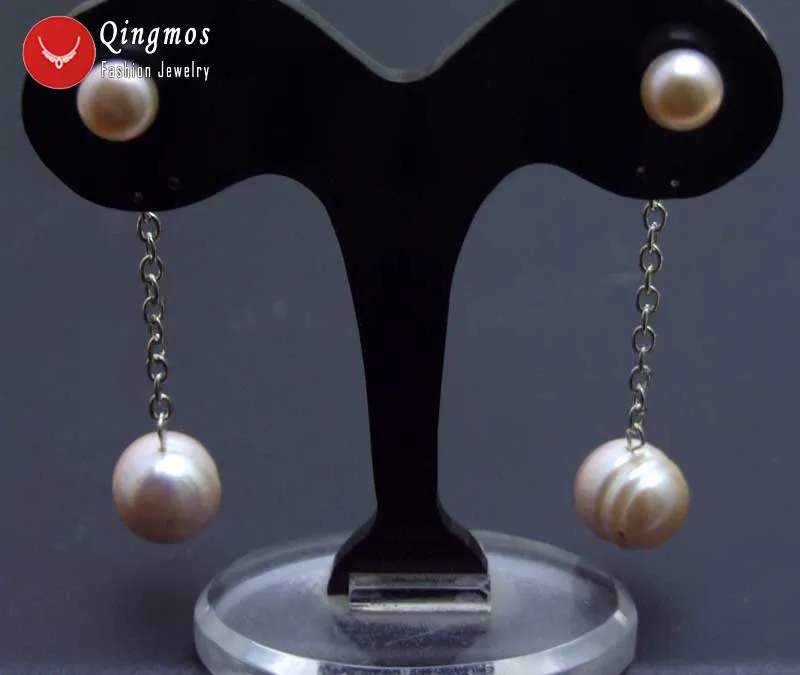 

Qingmos Black Pearl Trendy Dangle Earrings for Women with 7-8mm Flat Round Natural Pearl and 10-11mm Potato Pearl Earring-ear578