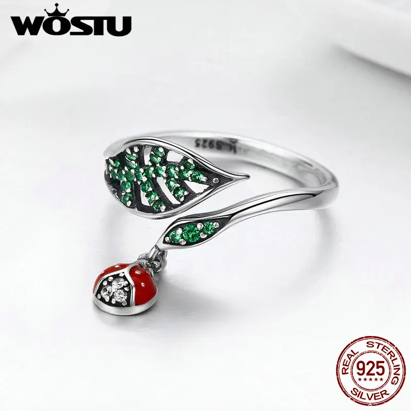 WOSTU Лидер продаж 925 пробы Серебряный отдых Божья коровка в листьях, зеленый CZ Регулируемые кольца для женщин серебряные ювелирные изделия подарок CQR310