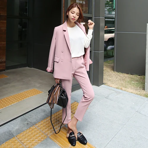 Женский костюм с двубортным жакетом розовый лотосом жакет девятью брюками из