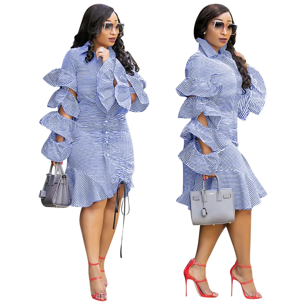 

OMILKA Striped Printed Cascading Ruffle Dress 2018 Autumn Winter Women Turn Down Collar Button Club Party Midi Dress