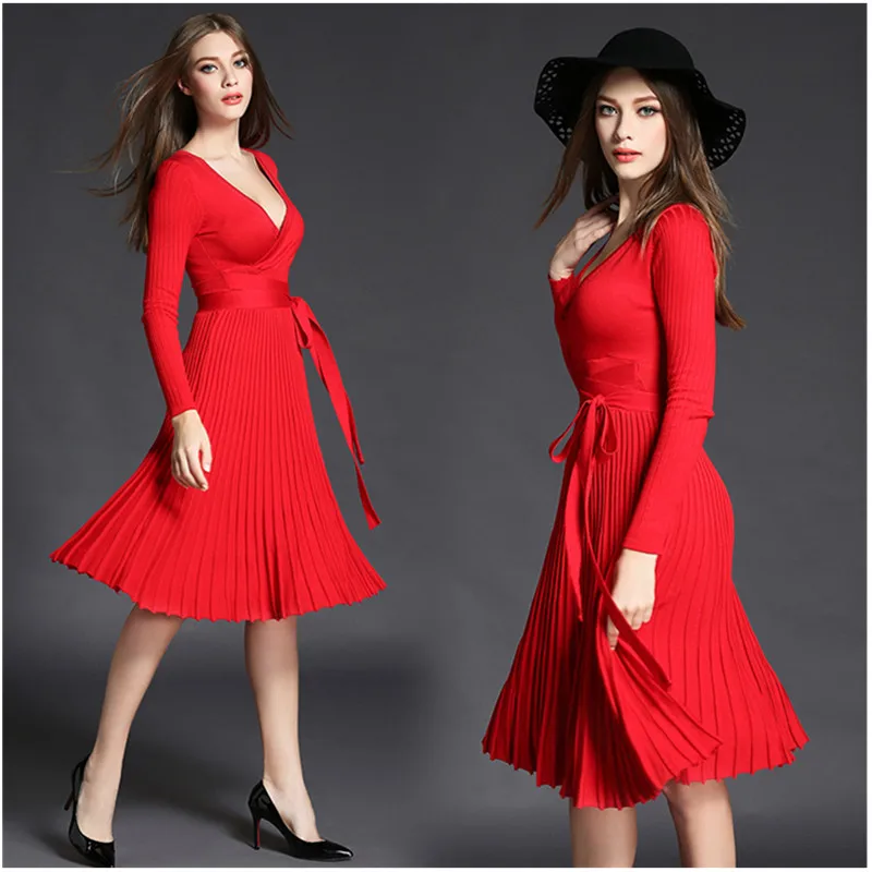 

2018 Autumn New Sexy Long-sleeved V-neck Dress Women Knee-Length Elegant Bow Waist Fold Pleated Knit Office Dress Party Vestido