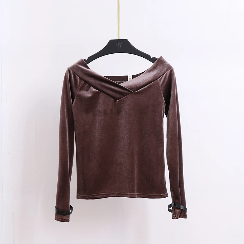 С открытыми плечами бархатная блуза рубашки осень 2017 г. Модные женские велюр