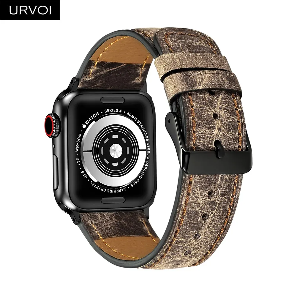 Ремешок URVOI для apple watch series 5 4 3 2 1 кожаный ремешок для iwatch с черной пряжкой мягкая и удобная телячья кожа 40 44 мм