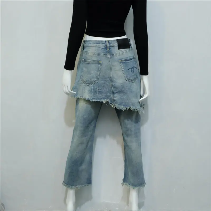 2018 Top Grade I Q shop Street Style cracked Irregular Denim pants Fake Two peiece
