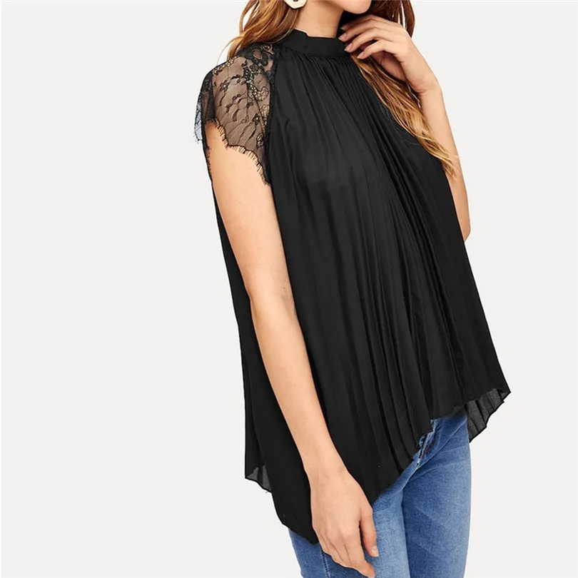 Женская летняя одежда кружевная плиссированная Свободная шифоновая рубашка с