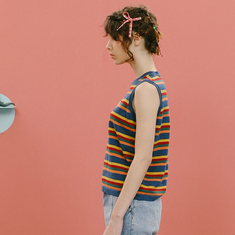 Оригинальный Женский Трикотажный жилет Preppy тонкий в цветную полоску на лето и
