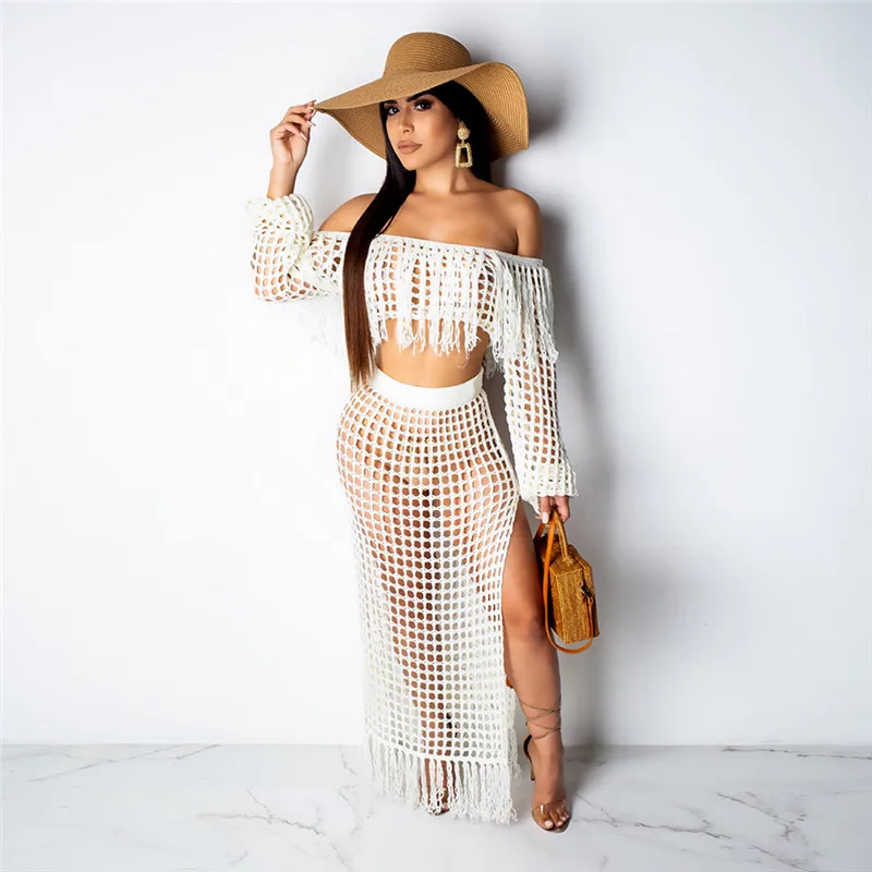 Ursohot Sexy Off Shoulder Long Sleeve Maxi Dress 2 Piece Set Women 2019 Summer High Split Transperant Beach Plus Size 3XL | Женская