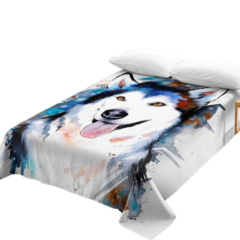 Постельное белье Husky by Pixie Cold Art с животным принтом, плоский лист, акварельные покрывала с милой собачкой для домашних животных, голубое, белое постельное белье, 1 шт. queen