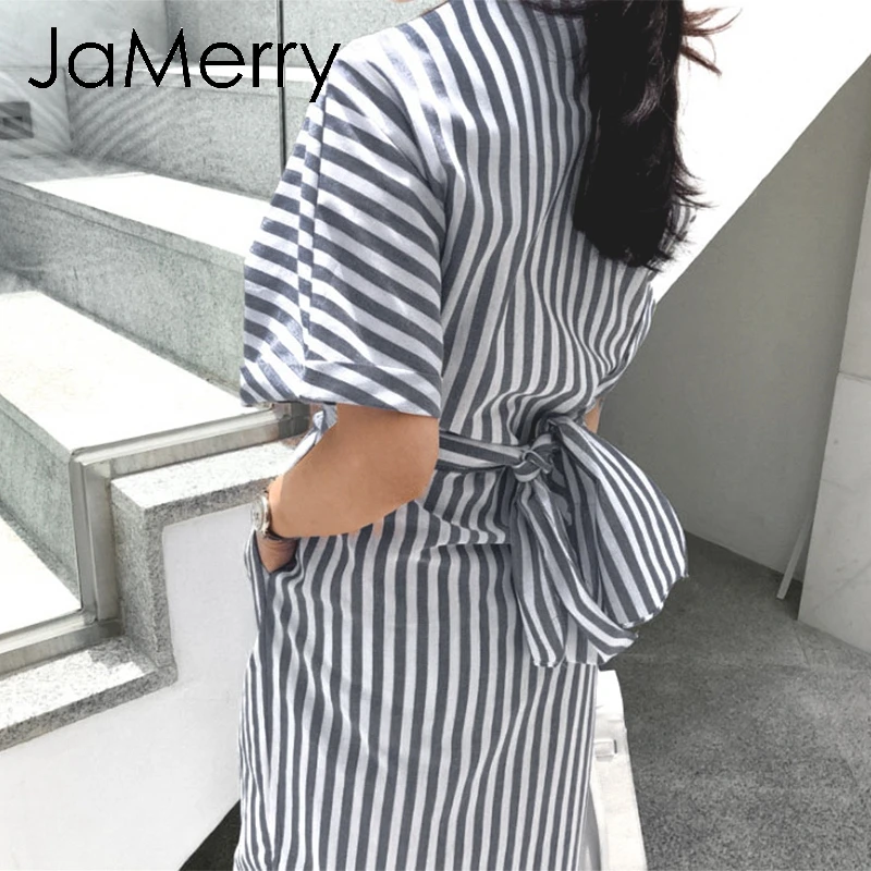 JaMerry, винтажное, размера плюс, хлопковое, в полоску, женское платье, летнее, Бандажное, с разрезом, женские платья, короткий рукав, для офиса, для девушек, платье миди