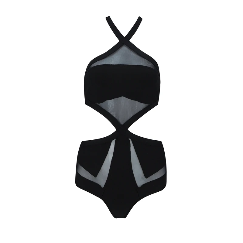 INDRESSME Новинка года Vestidos Для Женщин Сексуальная Холтер рукавов выдалбливают спинки сетки бандажный купальник летние вечерние купальник Swimwea - Цвет: Black