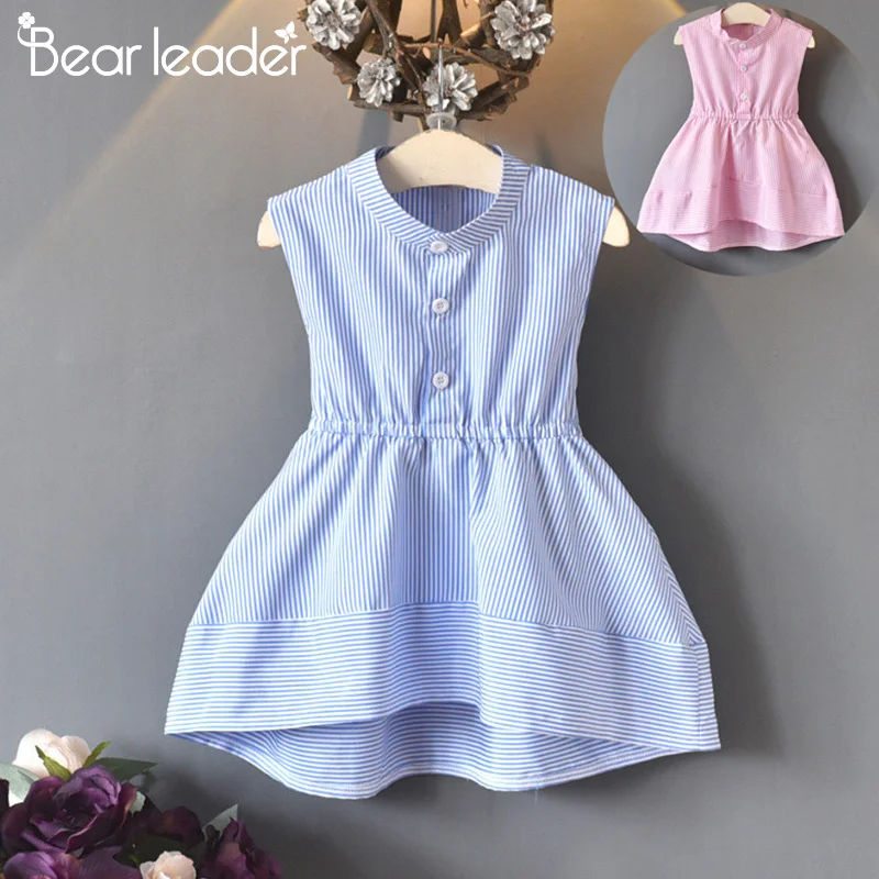 Bear Leader Girls Clothes 2020 New Summer Dresses Preppy Style Sleeveless Asymmetry Striped Dress Bow Princess 3-7Y | Детская одежда и