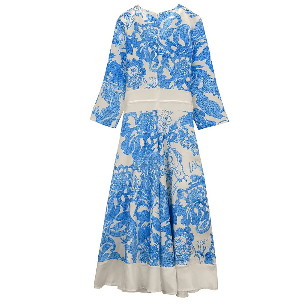 Deep V-Neck Print Vintage Dress Women Half Sleeve High Waist Zipper Swing Mid-Calf Dress Retro Female Party Dress